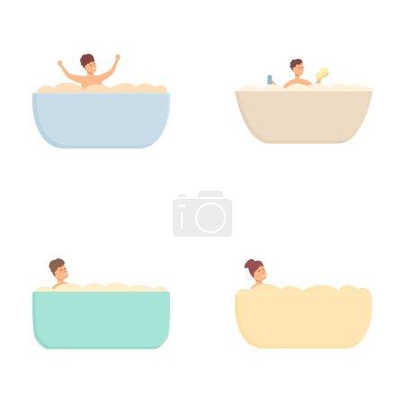 Ilustración de niños felices en bañeras, con burbujas y juguetes, representando momentos de baño alegres