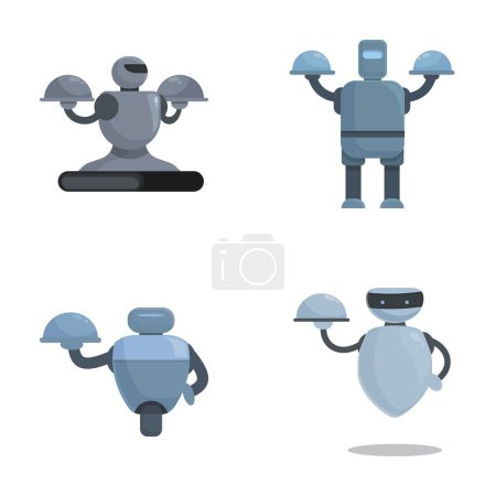 Ensemble de quatre robots-majordomes sympathiques conçus pour le service, présentant des plats sur plateaux