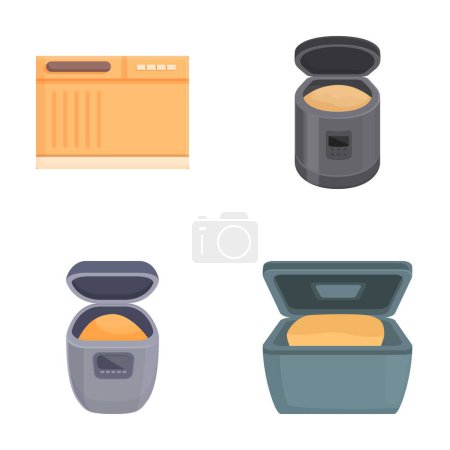 Collection of four colorful icons representing different kitchen appliances on a white background