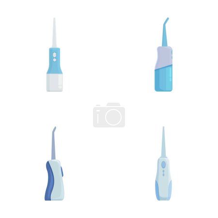 Collection of four different water flossers for dental hygiene isolated on white