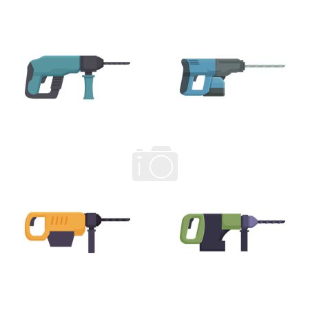 Four flat design icons of electric drills and screwdrivers in various colors, isolated on white background