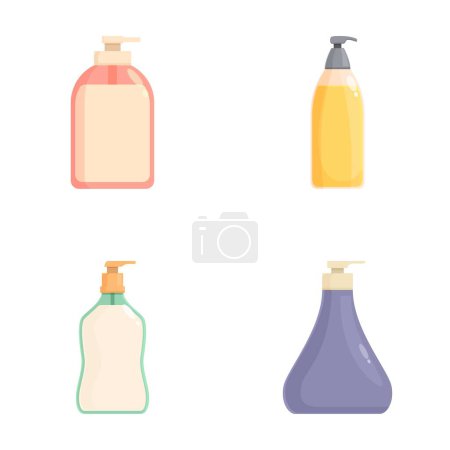 Flat vector icons of four different liquid soap dispensers, isolated on a white background