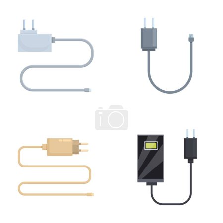 Sammlung verschiedener Arten von Stromkabeln und Ladegeräten für elektronische Geräte auf weißem Hintergrund