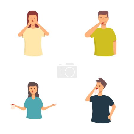 Cuatro iconos de diseño plano que representan a personas que utilizan gestos de la mano para indicar la vista, el oído, el gusto y la confusión