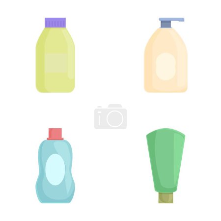 Set of four colorful cartoon bottles for soap and cleaners, isolated on white