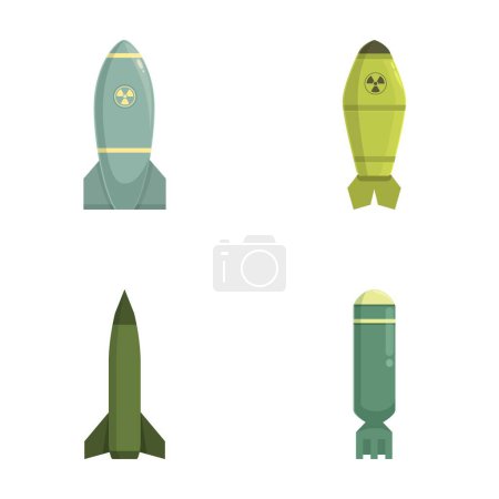 Set of various cartoonstyle missiles and bombs icons, ideal for military or strategy content