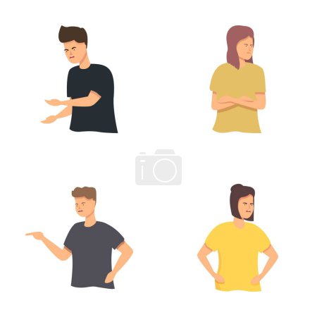 Collection of four illustrations showing young adults with crossed arms and disapproving gestures