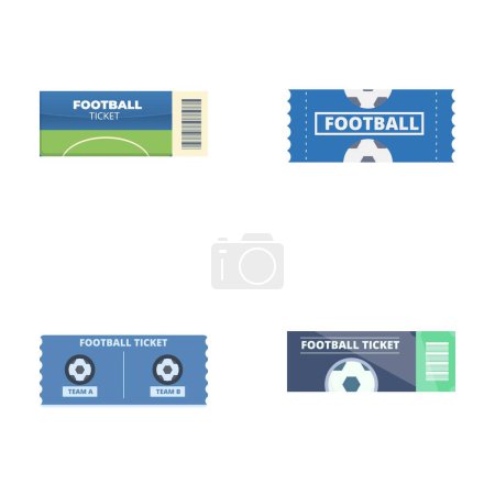 Cuatro iconos de diseño plano que representan entradas para partidos de fútbol