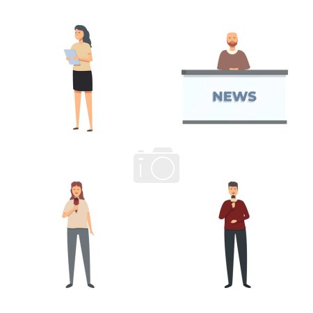 Illustration for Collection of vector illustrations featuring journalists in various broadcasting scenes - Royalty Free Image