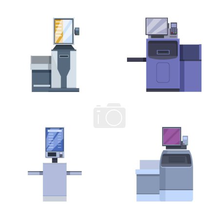 Colección de ilustración vectorial de varias fotocopiadoras e impresoras de oficina en un estilo de diseño plano