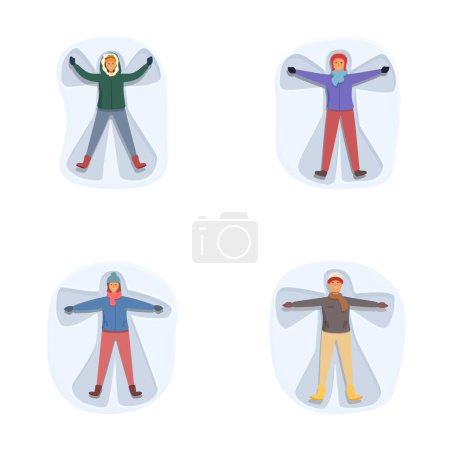 Conjunto de cuatro personajes ilustrados que lucen chaquetas de invierno coloridas y prendas de vestir