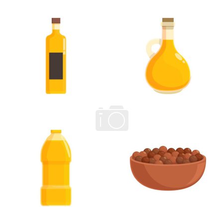 Collection of illustrated cooking oils and nuts, including olive oil, ideal for culinary designs