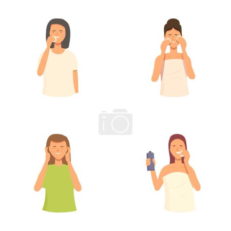 Illustration series depicting diverse women engaged in personal care activities