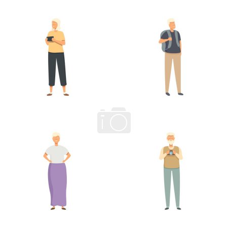 Collection de quatre illustrations mettant en scène des personnages âgés se livrant à différentes activités occasionnelles
