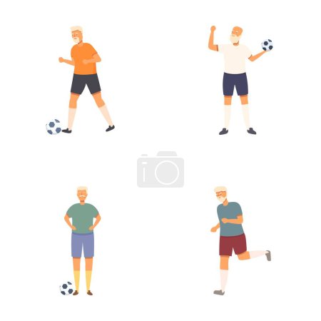 Collection d'hommes âgés jouant au soccer, mettant en valeur le mode de vie actif et l'enthousiasme sportif