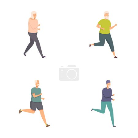 Collection of four diverse, active mature men jogging in different outfits, isolated on white