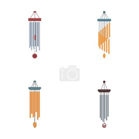 Illustration présentant quatre modèles différents de carillons éoliens colorés isolés sur un fond blanc