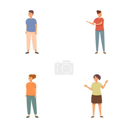 Diverse collection of illustrated people standing in casual clothing, isolated on a white background