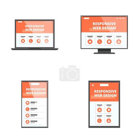 Illustration depicting a responsive website design on desktop, laptop, tablet, and smartphone