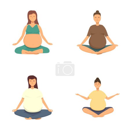 Ilustración de madres tranquilas que esperan en diversas posiciones de yoga promoviendo el bienestar