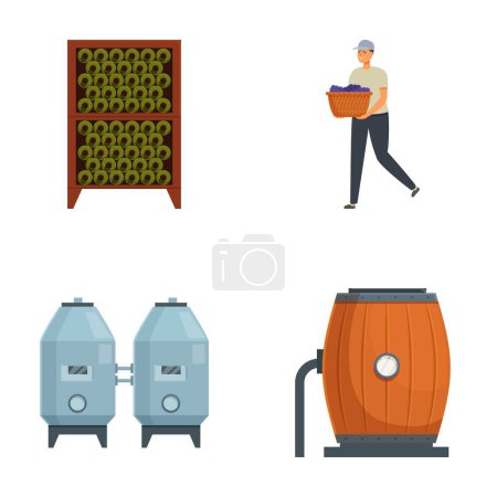 Sammlung farbenfroher Illustrationen, darunter Tanks, Fässer und ein Arbeiter mit Trauben