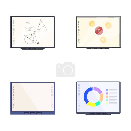 Conjunto de cuatro ilustraciones de diseño plano que muestran monitores de computadora con contenido de pantalla diferente
