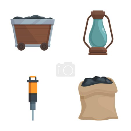 Téléchargez les illustrations : Collecte de quatre icônes liées à l'exploitation minière, y compris l'équipement et les ressources - en licence libre de droit