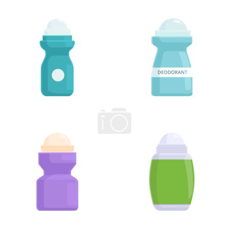 Colección de cuatro iconos de botella de desodorante de diseño plano aislados sobre fondo blanco