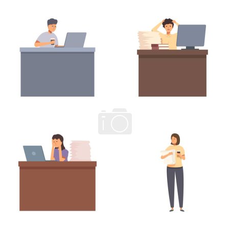 Ilustraciones que representan a los empleados con diversas reacciones mientras trabajan en computadoras, mostrando diversos escenarios de oficina