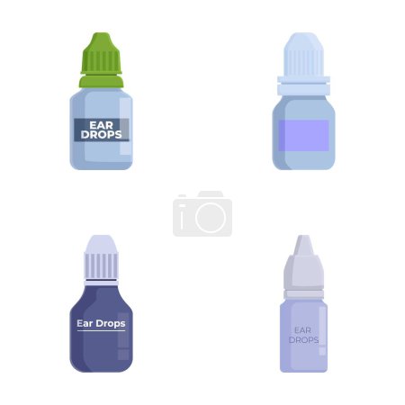 Vier verschiedene Arten von Ohr-Tropfen-Flaschen im Vektordesign, ideal für medizinische Illustrationen