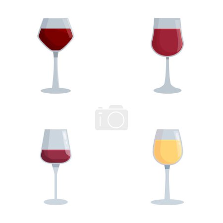 Illustration for Collection of four wine glasses containing red and white wines, depicted in a flat vector style - Royalty Free Image