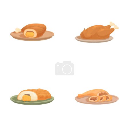 Collection of four vector illustrations of cartoonstyle roasted meats, including chicken and ham