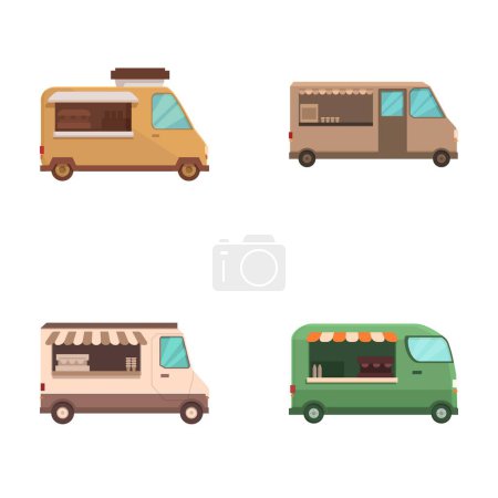 Set of four various cartoonstyle food trucks isolated on a white background