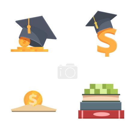Ilustración de Illustration set showing the concept of investing in education with money and graduation symbols - Imagen libre de derechos