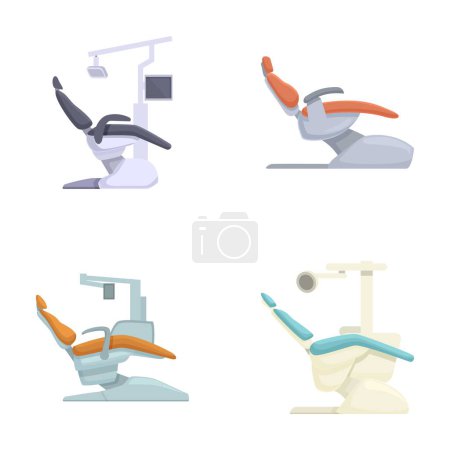 Kollektion von vier Zahnarztstühlen in verschiedenen Stilen, ideal für zahnärztliche Pflegekonzepte