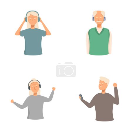 Illustrations of elderly individuals smiling and listening to music with headphones on