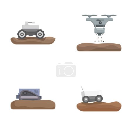 Illustration of various unmanned vehicles including drones and rovers isolated on white