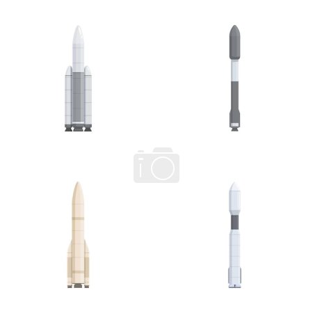 Collection of four cartoonstyle space rockets in various designs, isolated on a white background