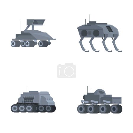 Four isolated vector illustrations of futuristic military vehicles on a white background
