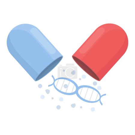 Ilustración de una cápsula roja y azul revelando una hélice de ADN, simbolizando la biotecnología y la medicina