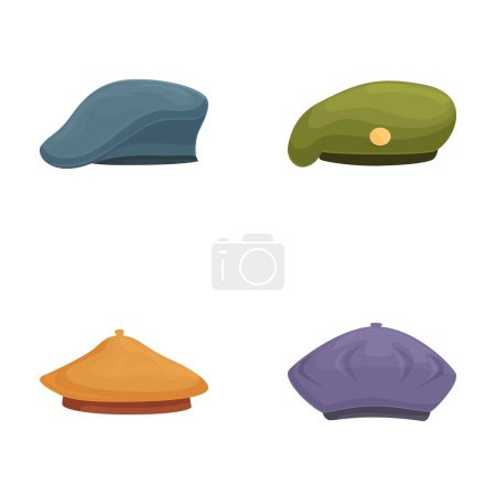 Collection of four colorful, flat cap illustrations in cartoon style
