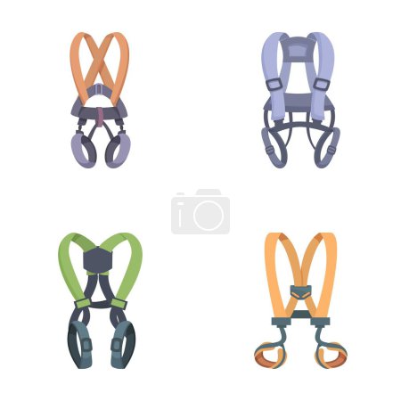 Collection of four vector illustrations of climbing harnesses with different designs and colors