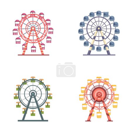 Collection de quatre graphiques de roue ferris dans différents schémas de couleurs, parfait pour les thèmes de parc d'attractions