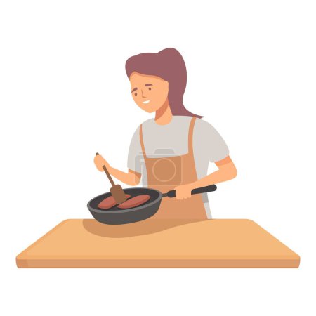 Illustration of a happy woman cooking with a frying pan on a kitchen counter