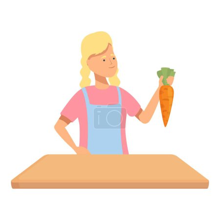 Mujer alegre se para en el mostrador de la cocina sosteniendo una zanahoria fresca