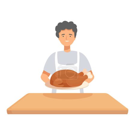 Smiling man in an apron holds a cooked turkey on a plate, ready for a feast
