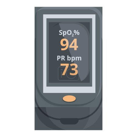 Digital illustration of a pulse oximeter displaying blood oxygen saturation spo2 percent and pulse rate pr bpm