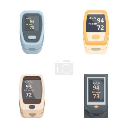 Collection of four digital pulse oximeters showing different oxygen saturation levels and pulse rates