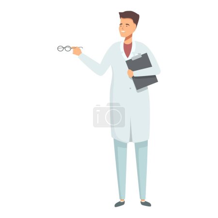 Professional cartoon optometrist with a clipboard and eyeglasses isolated on white