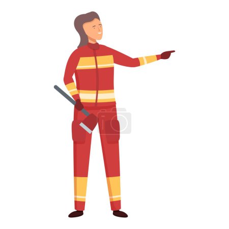 Illustration einer Feuerwehrfrau in Uniform, die zur Seite zeigt und eine Axt in der Hand hält